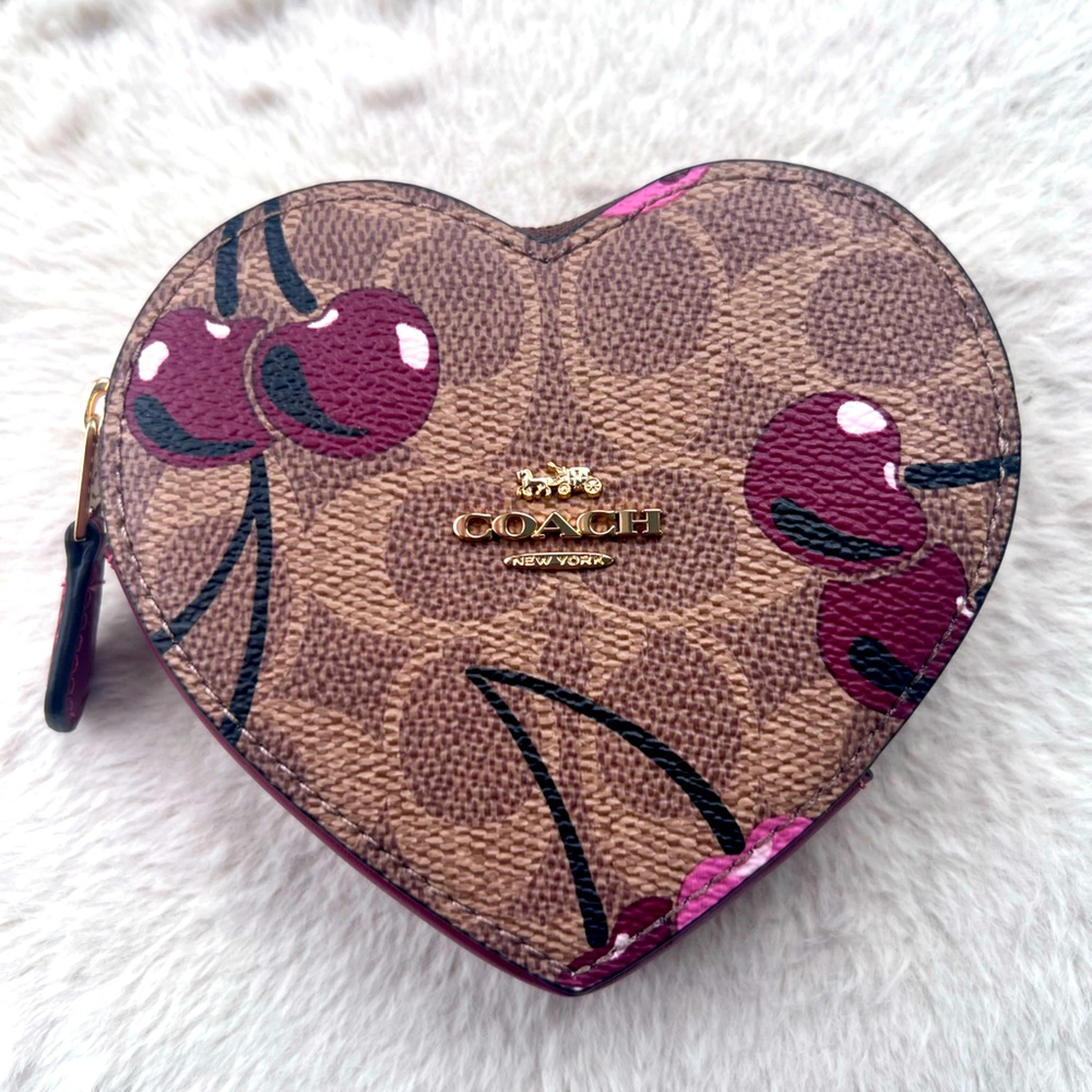Coach CZ477 Leather Heart Coin Case With Cherry Print